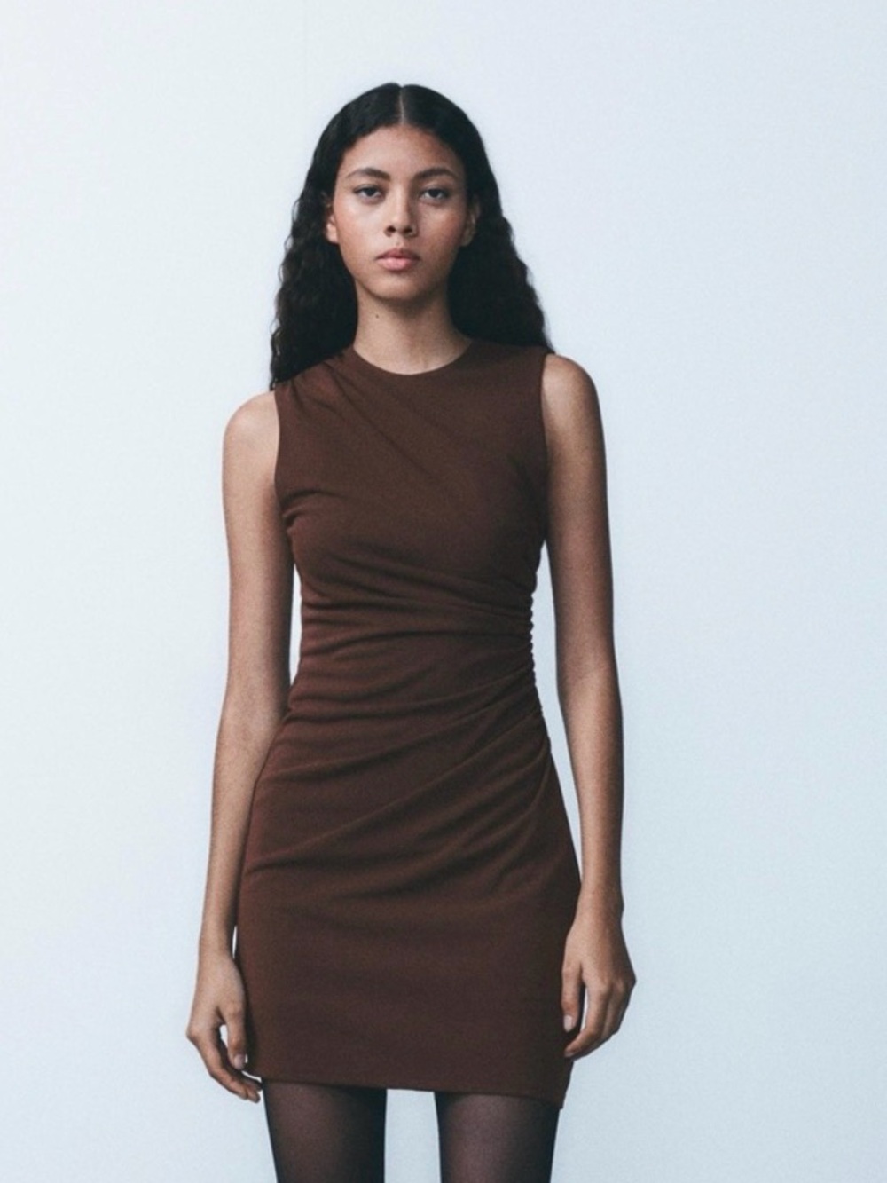 Zara Brown Sleeveless Midi Dress with Side Ruching